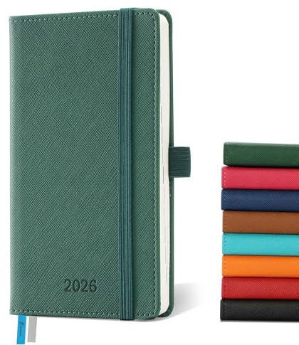 IN-LUXPRO Kalender 2026: Taschenkalender A6 Klein 16,4x9,6cm Buchkalender Terminplaner 2026 Wochenplaner Notizbuch,12-Monate(Jan.- Dez.) mit 100GSM Papier & Stiftschlaufe PU-Leder Grün