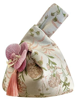 HIMKI Bolso de novia clásico para boda con flores, hilo dorado, tejido jacquard, borla, elegante bolso de mano de satén para novia, elegante bolsa de regalo para boda y fiesta, Rosa.
