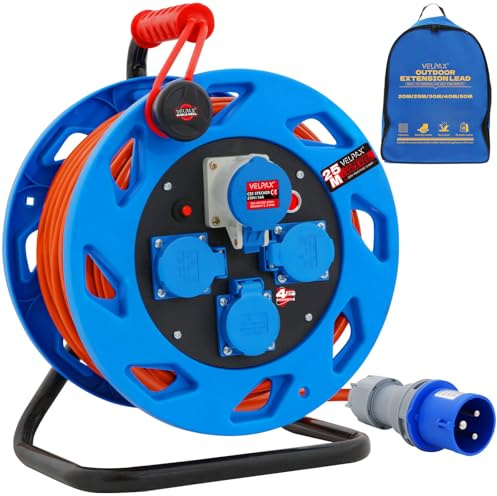 CEE-Kabeltrommel 25m,230V Camping-Kabeltrommel,mit 3 Schutzkontakt-Stecker und 1 CEE-Kupplung,Thermoschutz-Schalter,für den ständigen Einsatz außen IP44