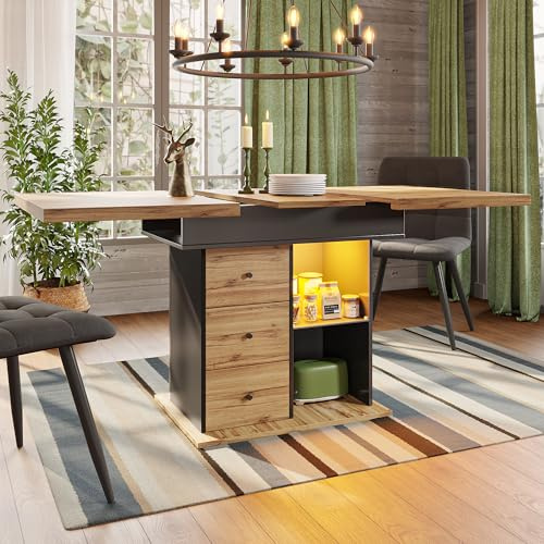 A ALFRESCOOL Esstisch Teleskoptisch, Klappbarer Küchentisch für 4-6 Personen, Ausziehbarer, Platzsparender, für Küche und Wohnzimmer, Tisch mit LED-Beleuchtung, 110-140×80cm (Schwarz)