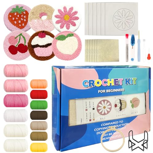 Punch Needle Untersetzer Set 6-teiliges, DIY Stickset für Anfänger, Handwerk Needle Coaster mit Motiven, Buntem Garn, Stickrahmen, Anleitung & Halter, Stickerei Kit für Kunsthandwerk Erwachsene Kinder