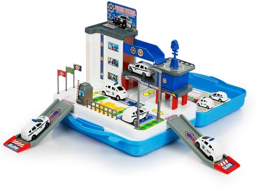 KRUMAD Polizei Parkhaus Spielzeug ab 3 Jahre, Polizeistation mit Auto, 40-teiliges Set im Koffer, Tragbare Parkgarage für Kinder, Spielzeugautos & Zubehör, Polizei Auto Spielzeug Geschenk