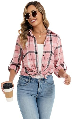 Famrrifuu Donna Classico Bluse e Camicie Quadri Flanella Camicetta Manica Lunga Casual Cotone Shirts Vintage