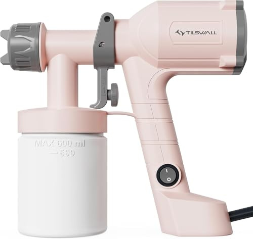 Tilswall Pistolet a Peinture Électrique - Version Améliorée Pulvérisateur de Peinture Ultra-Léger avec Réservoir Détachable 600ml, 2 Buses & 3 Motifs pour la Peinture de Maison, Meubles, Murs, Rose