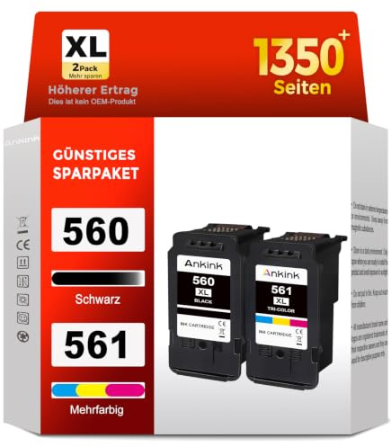 ANKINK Kompatibel Tintenpatrone Druckerpatronen Ersatz für Canon 560 561 XL | PG-560XL CL-561XL PG560 CL561 Patrone für TS5350 TS5350a TS5350i TS5351 TS5352 TS5353 TS7450 TS7451 (Schwarz Farbe 2 Pack)