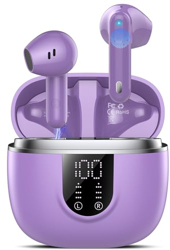 2026 Cuffie Bluetooth 5.4, Auricolari Bluetooth 45Ore, Cuffie Wireless In Ear HiFi Stereo cor LED Display, Cuffie Senza Fili Cancellazione Rumore, Cuffiette Sport IP7 Impermeabili, Headphones Viola