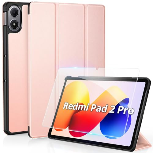 CACOE Funda para Xiaomi Redmi Pad 2 Pro 12.1 2025 con Protector de Pantalla | Funda con Protector de Pantalla, Diseño Ultrafino de Cuero PU con Función Atril, Oro Rosa
