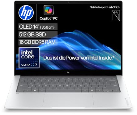 HP OmniBook X, 14 2K OLED, Intel Core Ultra 5, 16GB RAM, 512GB SSD | Leistungsstarkes KI-Notebook mit 47 TOPS NPU für produktives Multitasking, Office, Streaming - kein Netzteil, QWERTZ, Silber