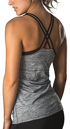 icyzone Damen 2 in 1 Sport Yoga Tops mit BH - Gym Shirts Fitness Trainings Tank Top (L, Grau)