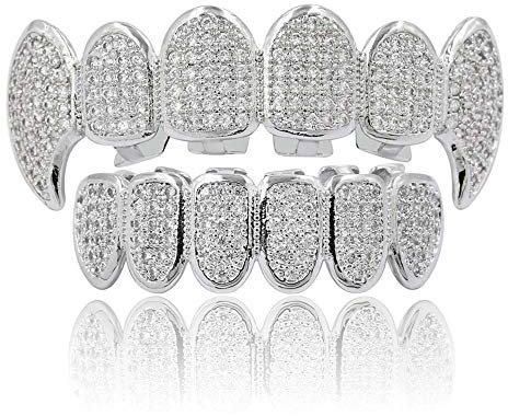 Moca Schmuck Hip Hop Unisex 18 Karat Vergoldet Iced Out CZ Simulierte Diamant Top Bottom Teeth Grill Set für Männer Frauen (silver)