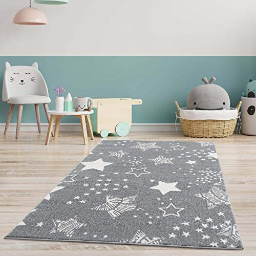 carpet city Kinderteppich Läufer - Sterne Sternen-Himmel 80x150 cm Grau - Kinderzimmer Teppich Modern