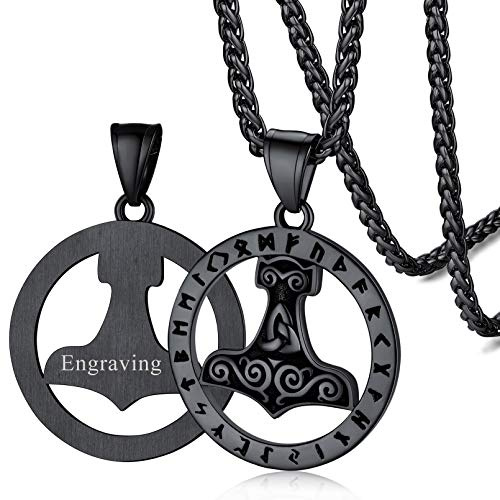 FaithHeart Viking Runes Hammer Necklace, Personalised Men's Nordic Thor's Hammer Pendant Necklace Black, Viking Gifts for Man