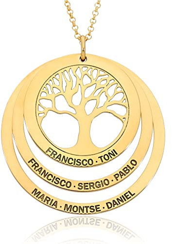 Collar Arbol de la Vida Personalizado para Mujer en Plata de Ley - con Cadena de 45 cm + Alargador - Regalo Original para Madres y Abuelas (Collar Arbol + 2 Aros Oro)