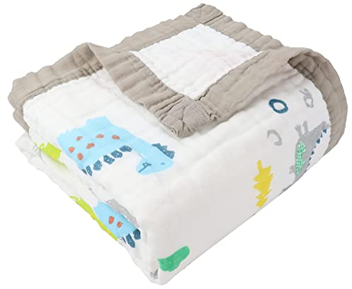 Hivia Musselin Decke 6 Lagig Kuscheldecke Baby Baumwolle 110 x 110 cm Musselin Babydecke Wickeldecke Weiche Decke für Badetuch,Kinderdecke Neugeborene Unisex (Grau Dinosaurier)