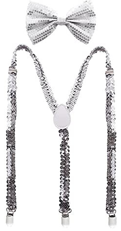 QQY Pailletten Fliege mit Strapsen Set für Cosplay Party (Silber)