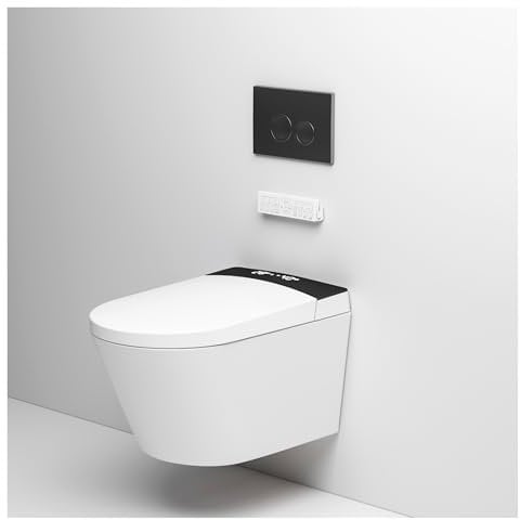 MEJE #MZE014P - Toilettes murales intelligentes avec bidet intégré, siège chauffant, séchoir à air chaud, chasse automatique, ouverture et fermeture automatiques, télécommande, veilleuse blanche