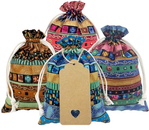 DUGYIRS 32 Stück Jutesäckchen mit Kordelzug 12cm x 17cm | Ethnischer Kunststil,Schmuckbeutel,für Hochzeit,Party,Geschenke