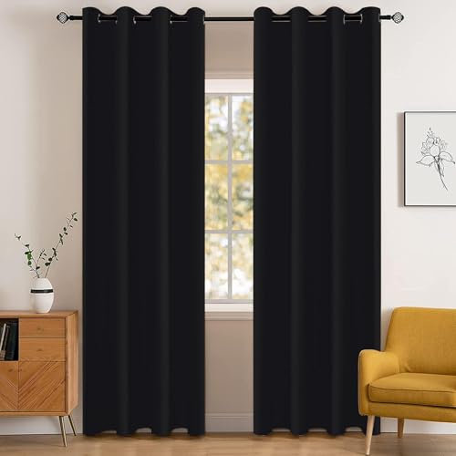 YSTELLAA Gardinen Vorhänge 2er Set, 140×280cm, Verdunklungsvorhänge Mit Ösen, Thermovorhang Kälteschutz Blickdicht, Schallschutz Vorhang Schlafzimmer, Outdoor Vorhang, Schwarz