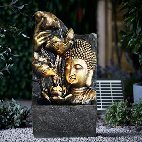 Outdoor Garden Water Fountain Solar Outdoor Fountain Garden Water Feature LED Polyresin Statues Buddha Head Floor-Standing Waterfalls Fountains for Home Yard Decoration
