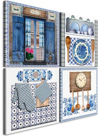 B&D XXL – 4-Teiliges Wandbild-Set im Landhausstil, Rustikale Küchendeko mit Vintage Keramikmuster, Leinwanddruck für Heimdekoration für Wohnzimmer & Küche