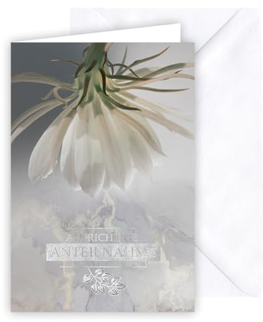 KE - Beileidskarte, Trostkarte, Beileidsbekundung Karte, Trauerkarte, silbern geprägter Text, inkl. Umschlag, DIN B6 Format, weiß, Motiv: Blüte