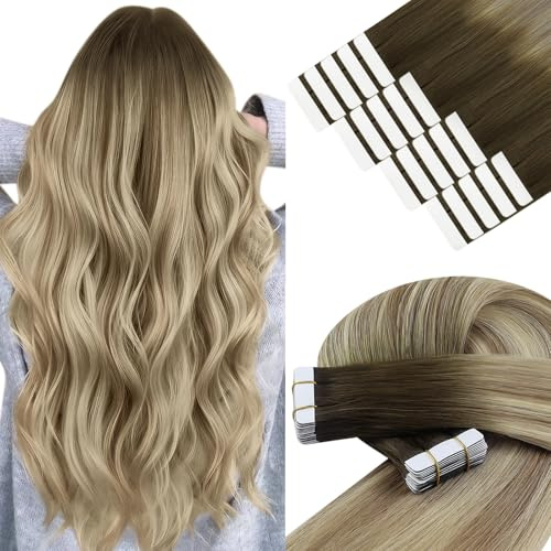 YoungSee Tape Extensions Echthaar Balayage Echthaar Extensions Tape Braun Balayage Blond 30 cm Tapes Haarverlängerung Kurz Haarextension Tape-in Remy Glatt für Damen 30g 3/8/22