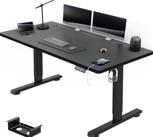 Airfish Höhenverstellbarer Schreibtisch mit USB-Buchse, Elektrisch Schreibtisch mit Kabelwanne, Computertisch, Bürotisch, Stehpult mit Erinnerung an sitzende Tätigkeiten, 180 x 80 cm, Schwarz