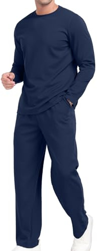 KUYIGO Herr rund hals 2-delad klädsel långärmad pullover set våffla toppar byxor vardaglig herr t-shirt kostym sweatshirt och joggingbyxor myskläder S-XXL, Marinblått Xsp, S