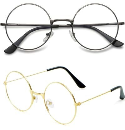 JEXOWIQ Runde Brille, 2 paar Metall Frame Runde Brille Retro Metallrahmen Runde Brille Metall Brillengestell Dekorative Flachglasbrille für Mann Frau Ankleiden, Retro, klare Gläser, für Cosplay