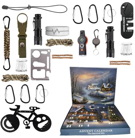 Generisch Adventskalender 2024 für Erwachsene, Survival-Kit mit 24 Camping-Werkzeugen für Männer, Weihnachts-Countdown