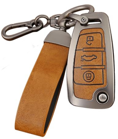 RXXR Coque de clé de voiture compatible avec Audi A1 A3 A4 A6 A8 Quattro Q3 Q7 S3 S6 RS3 RS6 R8 TT TTS - Coque à rabat en alliage de zinc avec cordon porte-clés en cuir