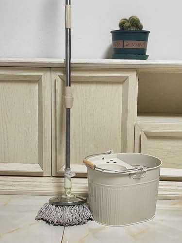 Galvanized Steel Metal Mop Bucket 13L litres Large Industrial Galvanised Reinforced Heavy Duty Thick Metal Steel Mop Bucket for Home Office General Cleaning (Off-White)