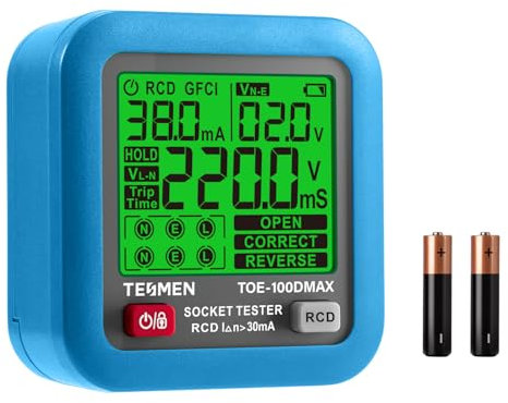 TESMEN TOE-100DMAX Testeur de prise avec affichage du temps de déclenchement RCD, écran LCD rétroéclairé, mesure de tension, fonction de maintien des données (prise UE) - Azul