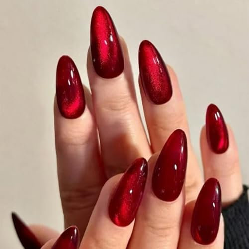 JUSTOTRY 24 Pcs Dark Red Cat Eye Almond False Nails Short,Burgundy Press on Nails Pattern,Glossy Fake Nail Medium for Nail Art,Cateye French Oval Stick on Nail for Women Gifts