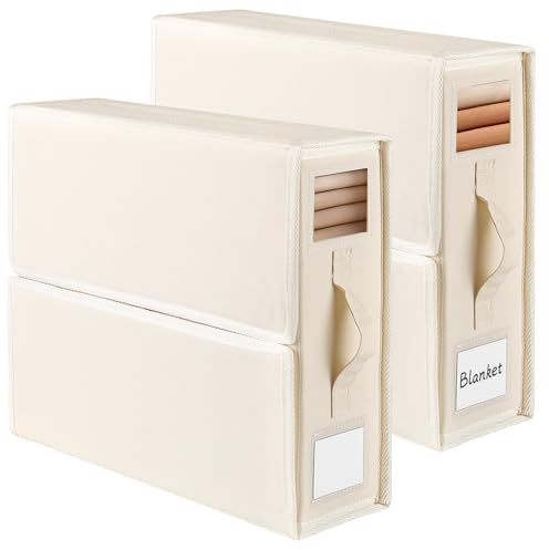 JAECU 2PCS Bed Sheet Organiser Folding Storage, Linen Underbed Storage Box | Foldable Bedding Storage Bag with Clear Tab Bag for Duvet Covers, Pillowcases, Blankets, Beige