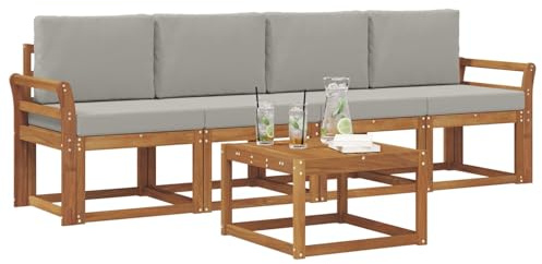 vidaXL Outdoor-Sofagarnitur mit Kissen 5 pcs Natürlich und Hellgrau, Garten-Sektionalsitz, Moderne Außenmöbel, langlebige Lounge, entspannte Terrasse für alle