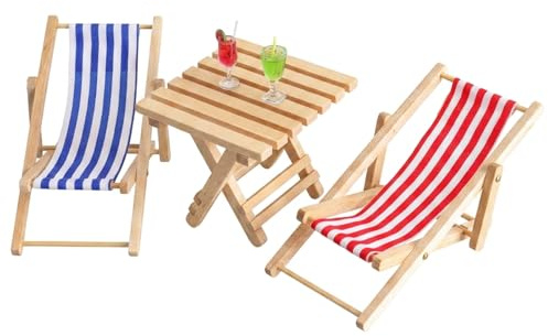 Cheynn Miniatur Puppenhaus Liegestuhl Set, 5 Stück 1:12 Strand Mikrolandschaft Hölzerner Mini Strandstuhl Deko Klein Tisch Mini Weingläser Puppenhaus Zubehör für DIY Zen Garten Strand Pool Geschenk