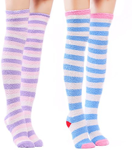 LittleForBig Cute Coral Fleece Thigh High Long Striped Socks 2 Pairs