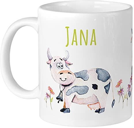 GRAZDesign Kuh Tasse mit Namen | lustige Kühe Jungen und Mädchen, personalisiert Namenstasse, Trinkbecher Kindergeschirr Becher, Keramik Geschenk für Schulkind 330ml