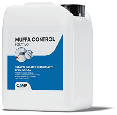 CAMP Muffa Control Fissativo - Fissativo Antimuffa per Interni ed Esterni, Isolante Consolidante 100% Acrilico, Migliora l'Adesione della Finitura, Ideale per Intonaci Cemento Calcestruzzo e Gesso, 5l