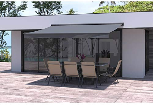 CONCEPT USINE - Lozio - Store Banne Motorisé 4x3m, Gris, Aluminium et Polyester Hydrofuge, Protection Solaire avec Télécommande, Fixations Murales Incluses