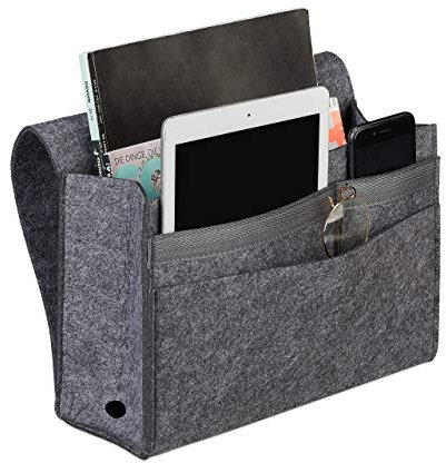 Relaxdays Betttasche, zum Einhängen, 6 Fächer, 4 Klettverschlüsse, Filz, Bett Organizer HBT 27x31,5x11,5 cm, dunkelgrau, 27 x 31,5 x 11,5 cm