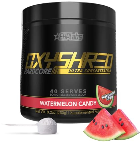 EHP Labs OxyShred Hardcore Super Dosed Pre Workout Powder - Preworkout Powder with L Glutamine & Acetyl L Carnitine, Energy Boost Drink - 275mg of Caffeine - Watermelon Candy, 40 Servings
