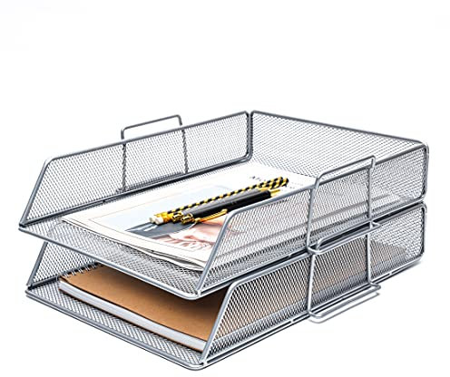 Exerz Papiersortierer/Tablett/Schreibtisch-Organizer/Aktenhalter, Drahtgeflecht, multifunktional, für Büro, Schule, Studie (EX63574-2SLV)