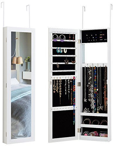 DREAMADE Schmuckschrank mit Ganzkörperspiegel, 2 in 1 Spiegelschrank für Tür- und Wandmontage, Schmuckregal, Schmuckorganisator mit Magnetverschluss, für Ohrringe, Ringe (Weiß)