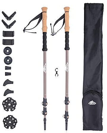 Cascade Mountain Tech Trekking Poles - 2 Piece Carbon Fiber Monopod Walking or Hiking Sticks with with Accessories Mount & Adjustable Quick Locks (Set of 2), Brown