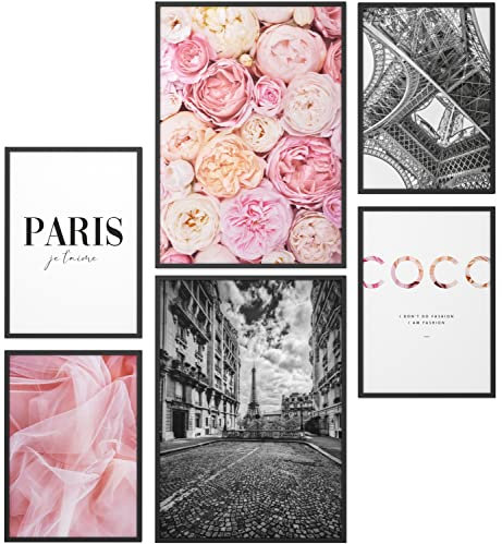 Papierschmiede® Set Mood Posters, Tableau Décoration Murale « Coco Paris » cadres en bois laqué noir, Bureau, Salon, Deco Chambre Parentale, Cuisine, 2x A4 et 4x A5, fleurs pivoines rose noir blanc