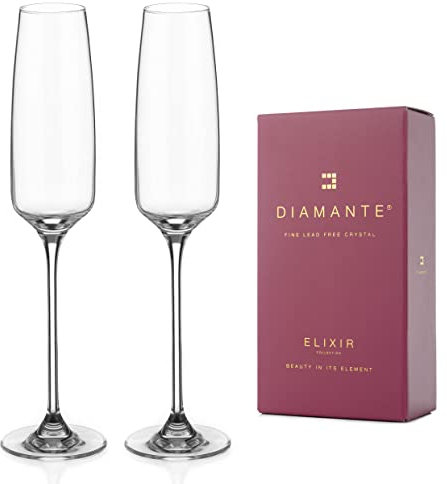 DIAMANTE Champagne Flutes Crystal Prosecco Glasses Set of 2 - ‘Hollywood’ Collection Undecorated Crystal - Set of 2