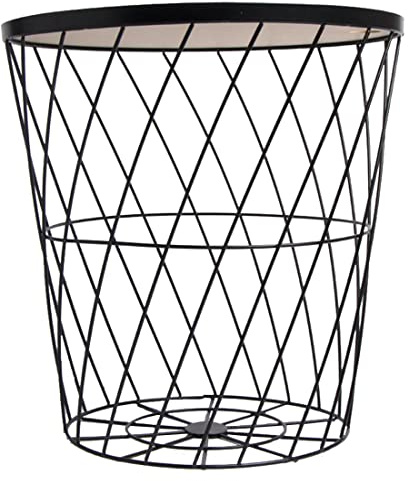 tradfirst Metal Wire Storage Basket With Wooden Lid Round Wooden Top Basket Coffee Table With Storage, Side Table Living Room End Tables, Wooden Top Removable, living Room Decor (Black)