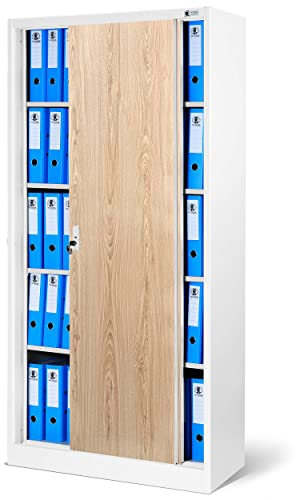 Jan Nowak Armoire de Bureau SD001 Armoire Métallique à Portes coulissantes tôle d'acier étagères revêtement en Poudre verrouillable 185 cm x 90 cm x 40 cm (Blanc/Imitation Bois)